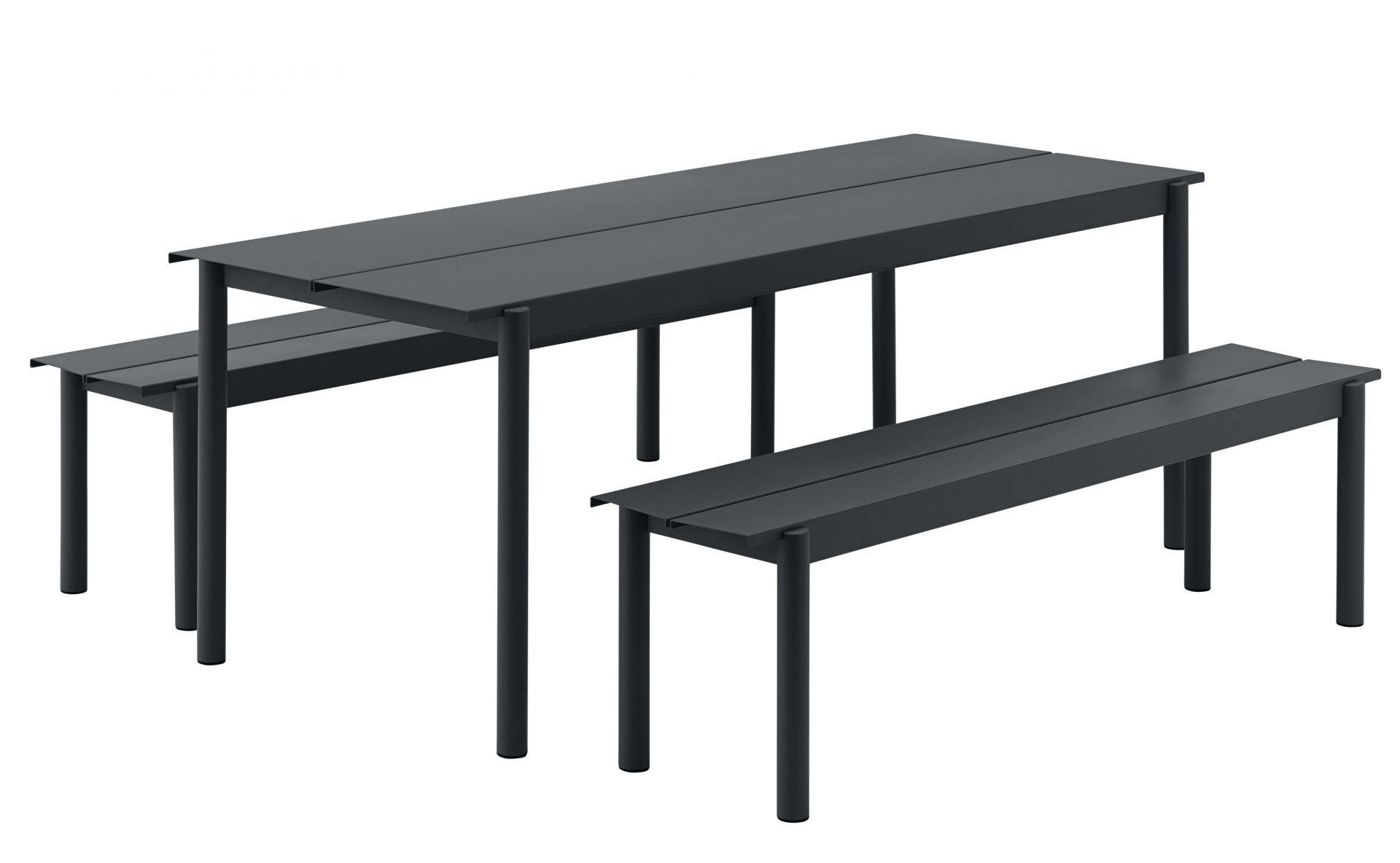 Muuto Linear Steel Outdoor Bank in Anthrazit, moderne Gartenbank aus Stahl für Terrasse und Garten.