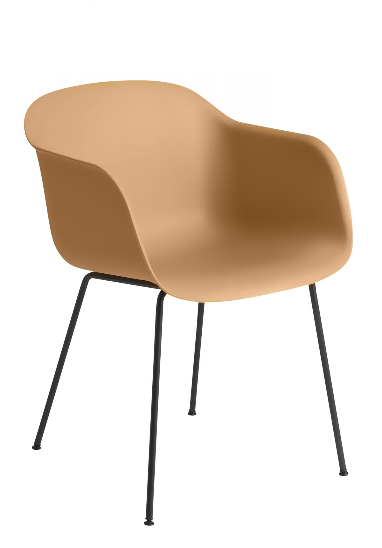 Muuto Fiber Armchair Tube Base Stuhl in Sandgelb mit schwarzem Stahlrohrgestell, seitliche Ansicht.