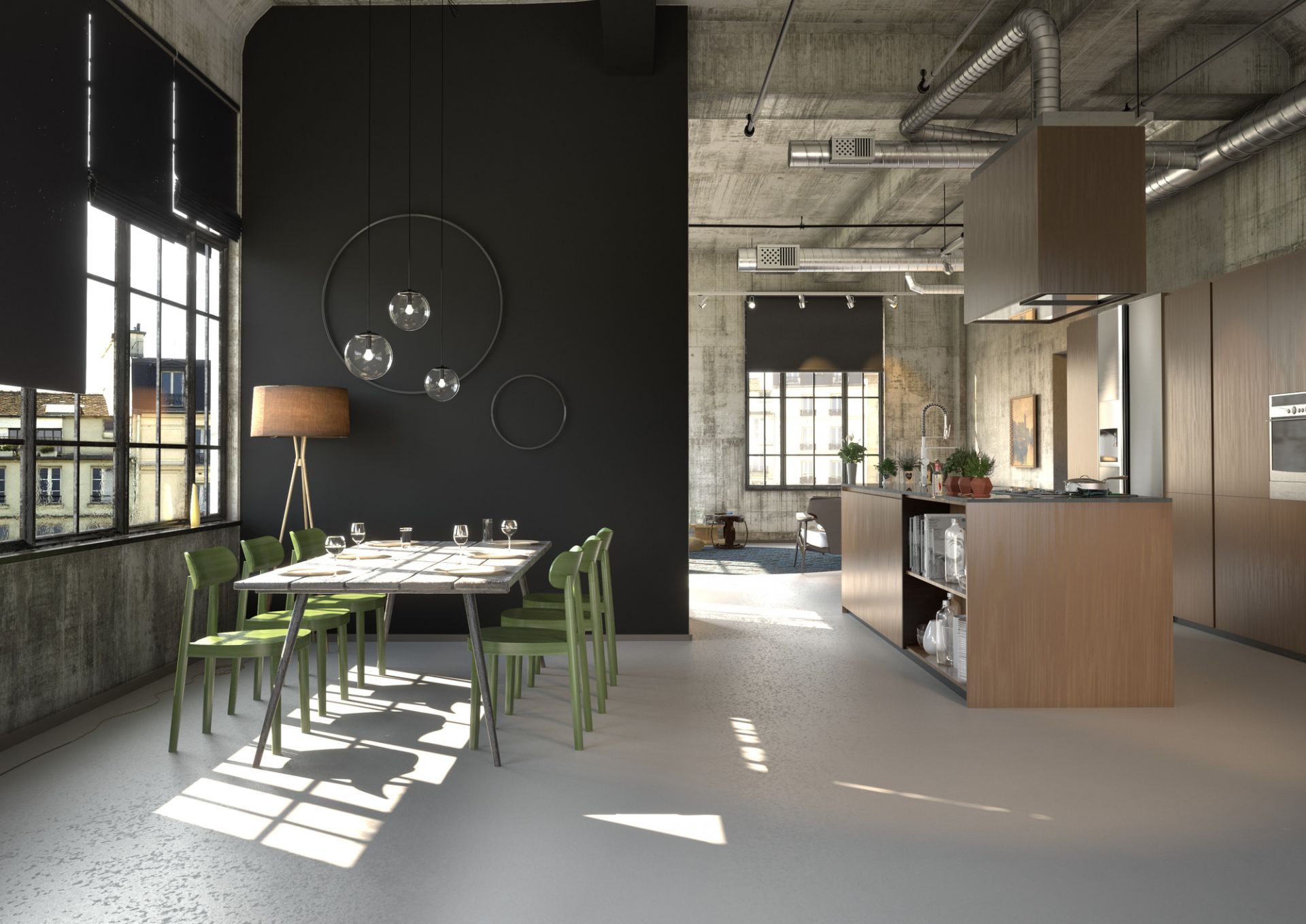Esszimmer mit Esstisch und grünen Holzstühlen, Modell 118 von Thonet, in modernem Loft-Ambiente.