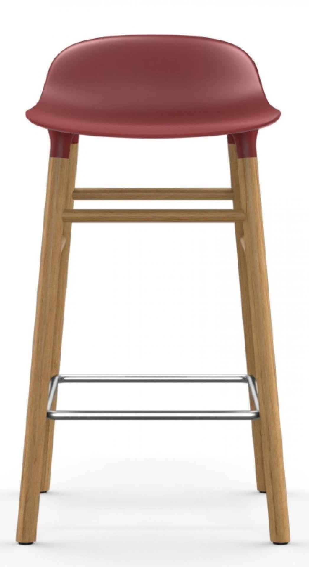 Form Barhocker von Normann Copenhagen, H 65 cm, Holzgestell, bordeauxroter Sitz, Fußstütze aus Metall.