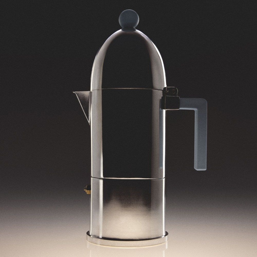 Alessi Espressokocher La Cupola aus Aluminium, hellblauer Griff, für italienischen Kaffee, Nahaufnahme.