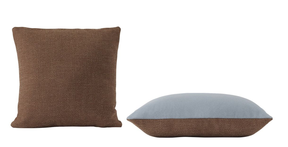 Muuto Mingle Cushion Kissen, braun und blau, quadratisch und länglich, für Sofa oder Bett.