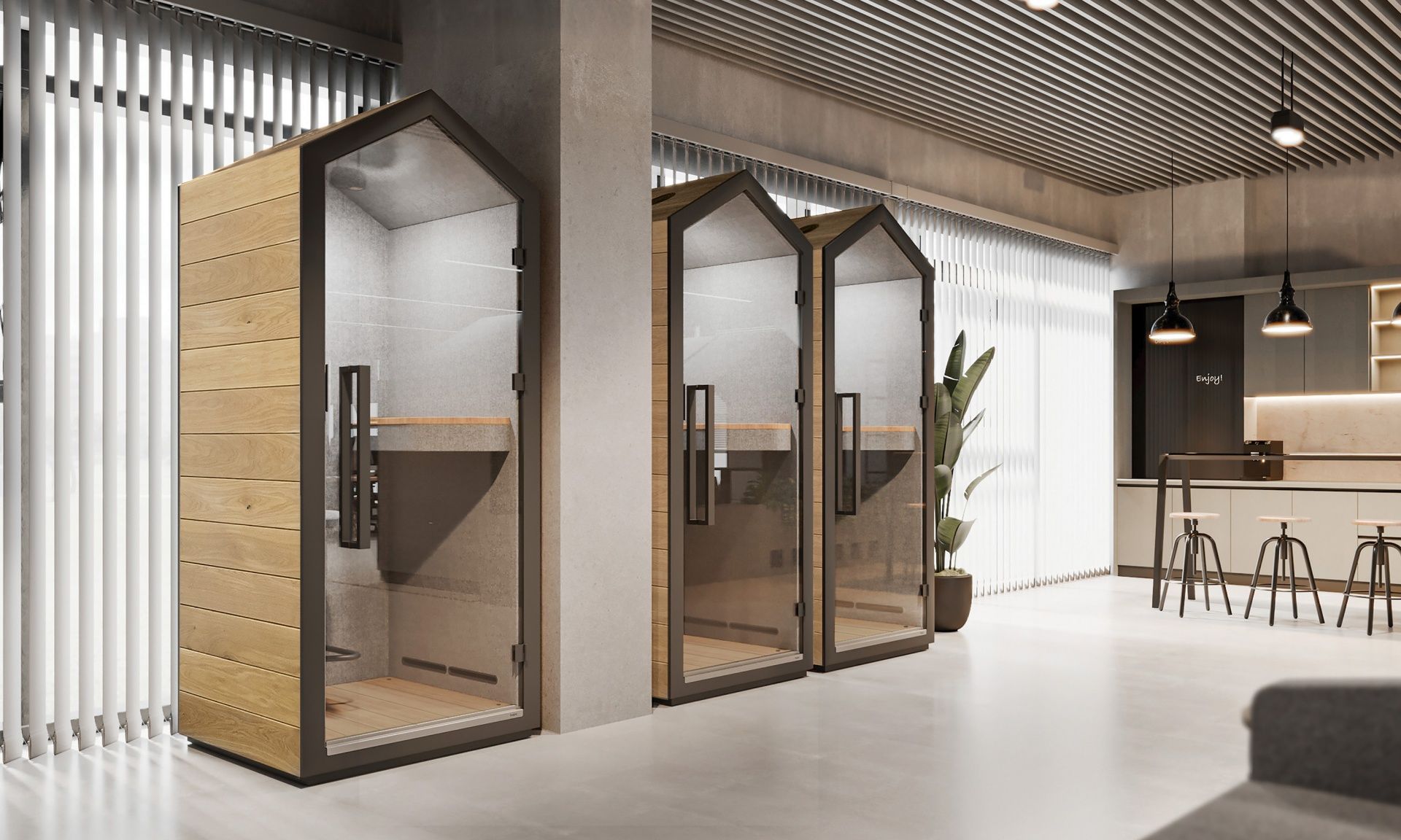 treehouse THS 1T Akustikkabine von Bejot, moderne Telefonzelle für Büro, Holz und Glas Design.