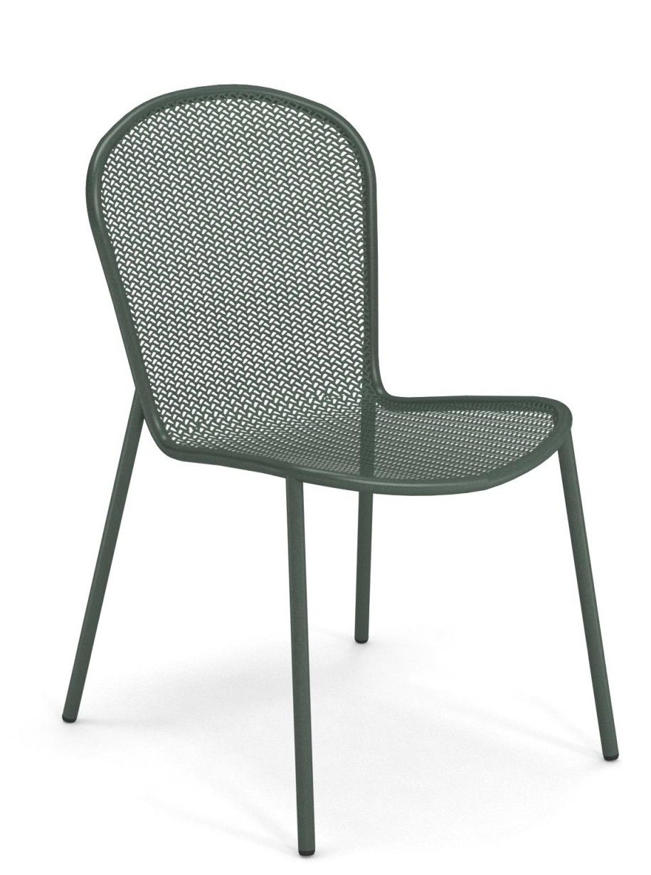 Emu Ronda Stuhl für den Außenbereich, grüner Metallstuhl mit filigranem, durchbrochenem Design.