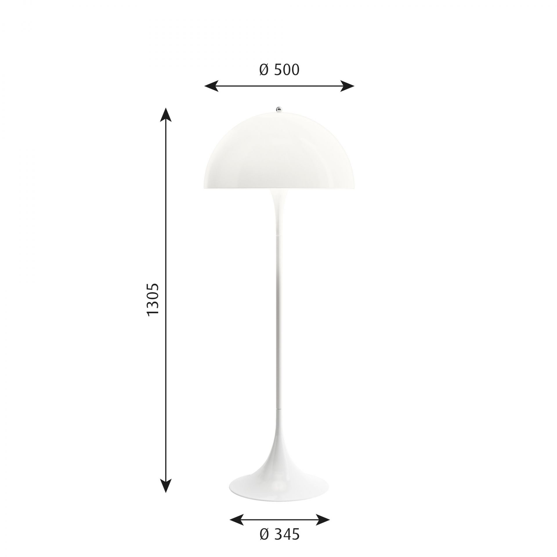Weiße Panthella Stehleuchte von Louis Poulsen mit Maßen für Durchmesser und Höhe. Designklassiker für Wohnzimmer.