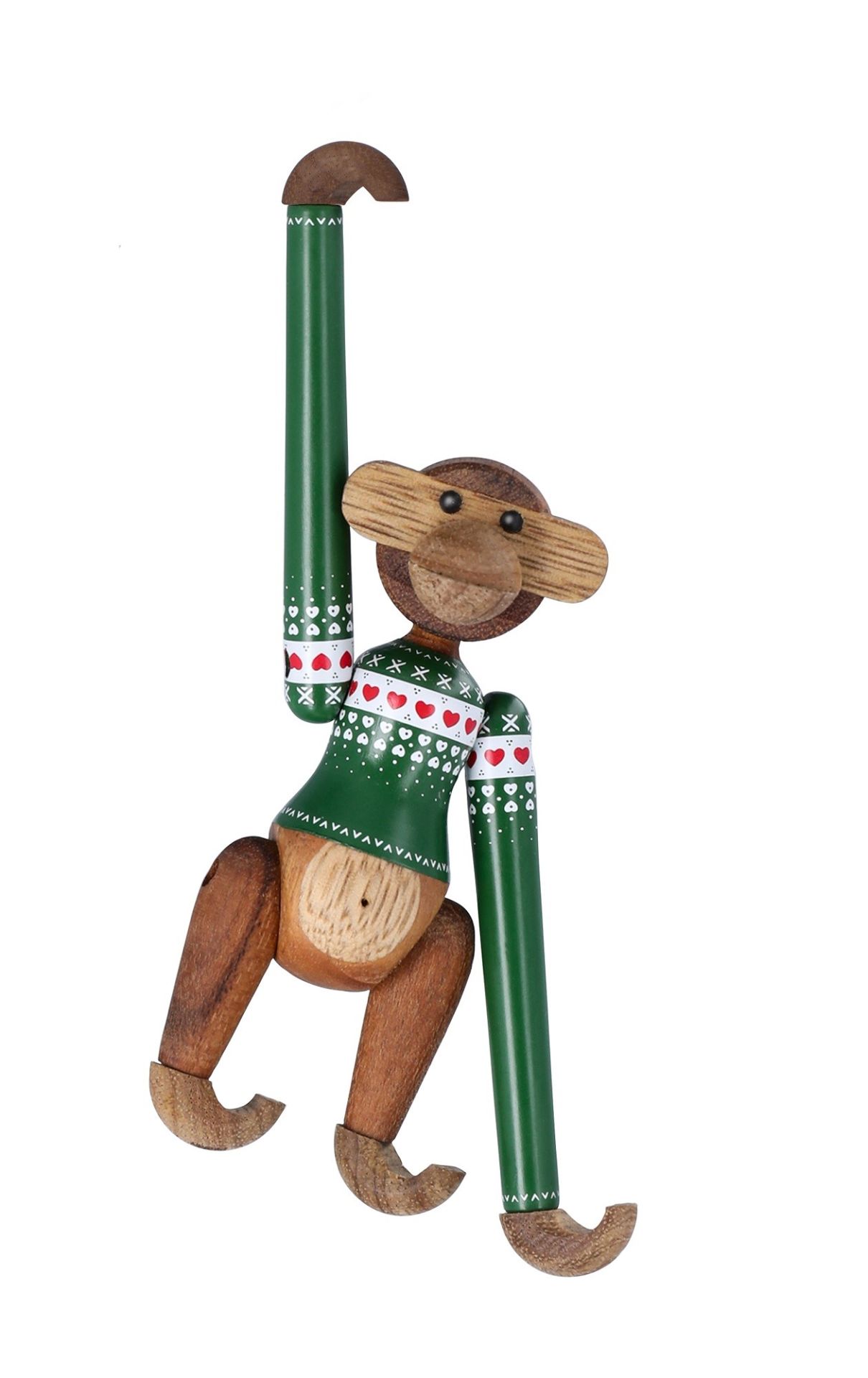Kay Bojesen Affe Miniatur Holzfigur mit grünem Weihnachtspullover, festliche Weihnachtsdekoration und Sammlerstück.