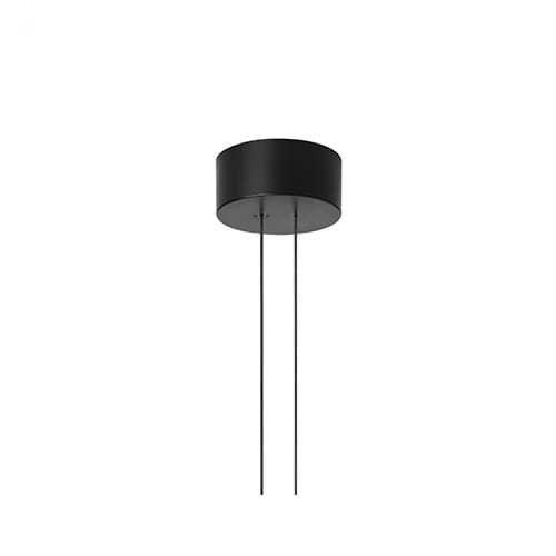 Schwarze Rosette für Flos Arrangements Pendelleuchte mit zwei schwarzen Kabeln. Deckenbefestigung für Hängelampe.