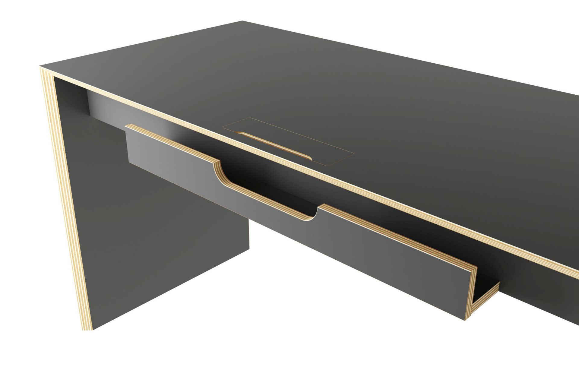 Grauer Bridge Schreibtisch von Müller Möbelwerkstätten mit Schublade und Kabeldurchlass, modernes Design für Büro und Arbeitszimmer.