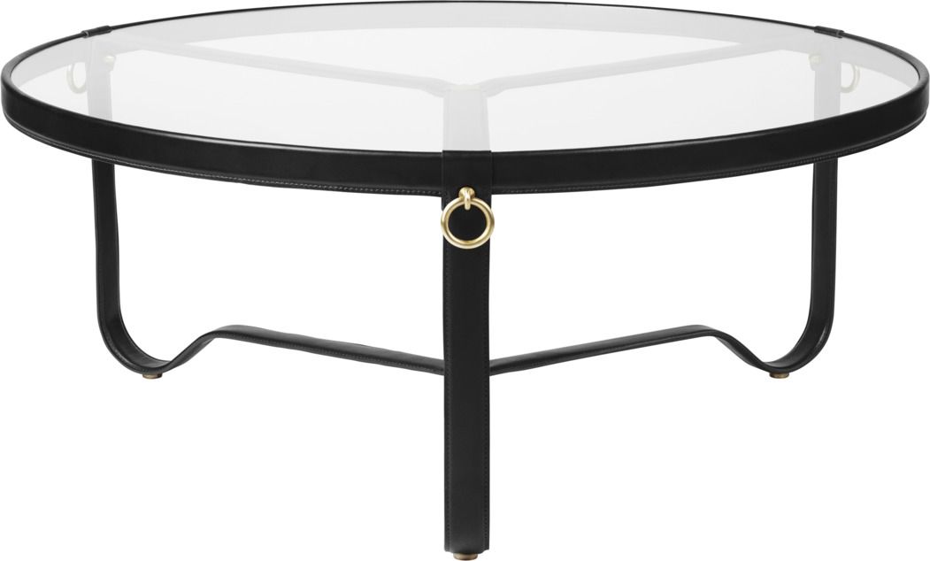 Adnet Couchtisch von Gubi mit runder Glasplatte und schwarzem Ledergestell. Design Couchtisch.