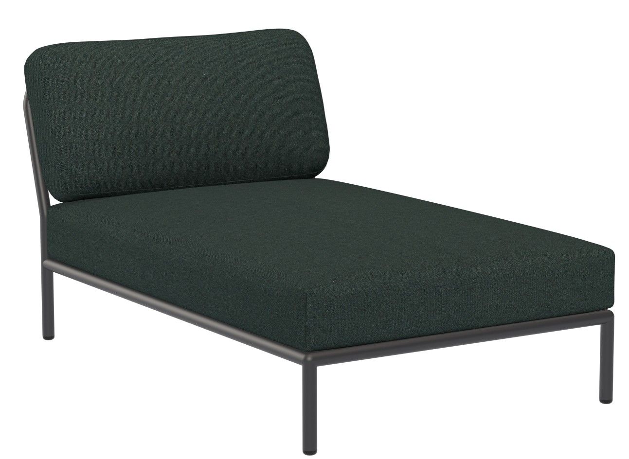 Houe Level Chaiselongue Outdoor Sessel mit dunkelgrüner Polsterung und schwarzem Metallgestell für Garten und Terrasse.