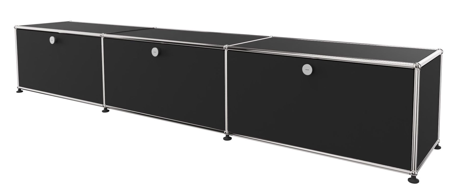 USM Haller Lowboard in Graphitschwarz mit drei Klappen, modernes Designmöbel für Wohnzimmer und Büro.