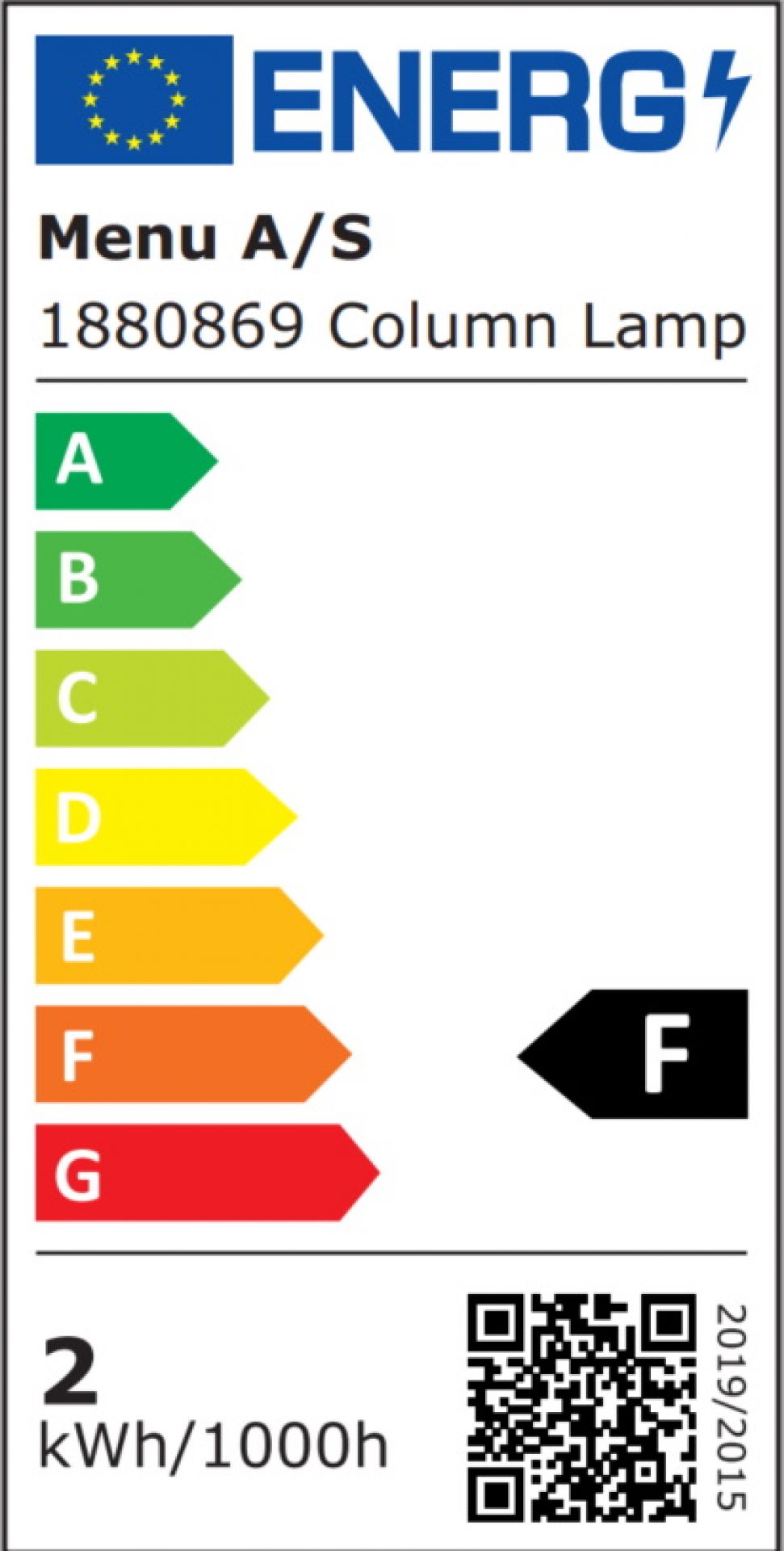 Energieeffizienzlabel der Audo Column Tischleuchte, Klasse F, geringer Stromverbrauch.
