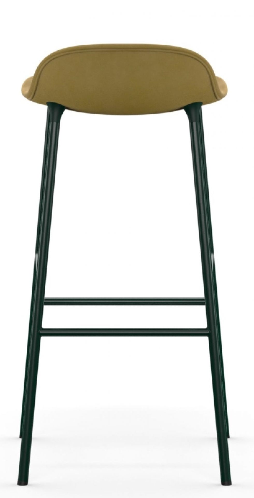 Normann Copenhagen Form Barhocker, 75 cm hoch, mit olivgrüner Polsterung und schwarzem Stahlgestell.