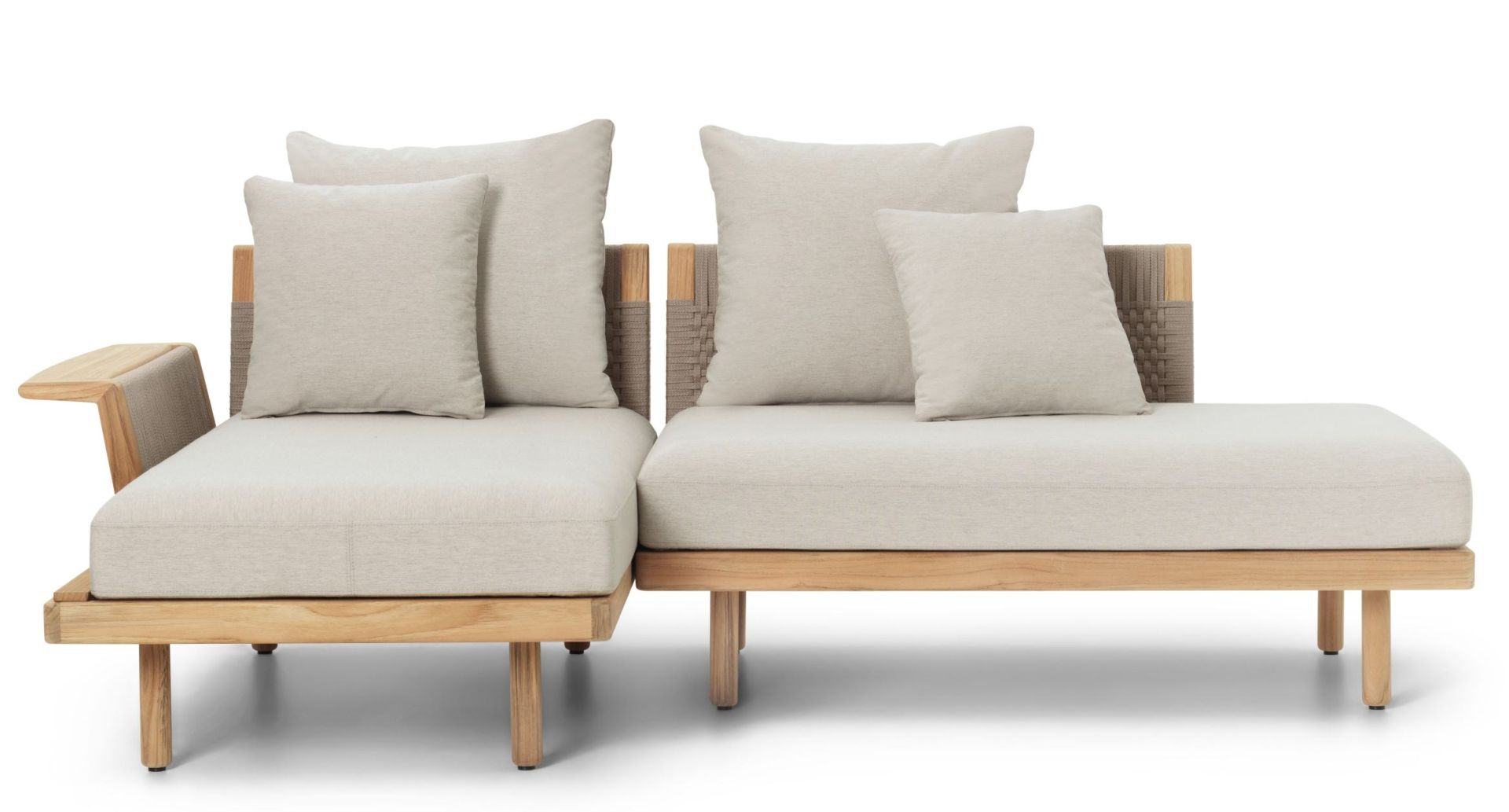 E540 Embrace Outdoor Sofa Modul mit Beistelltisch von Carl Hansen, helle Polster und Teakholz.