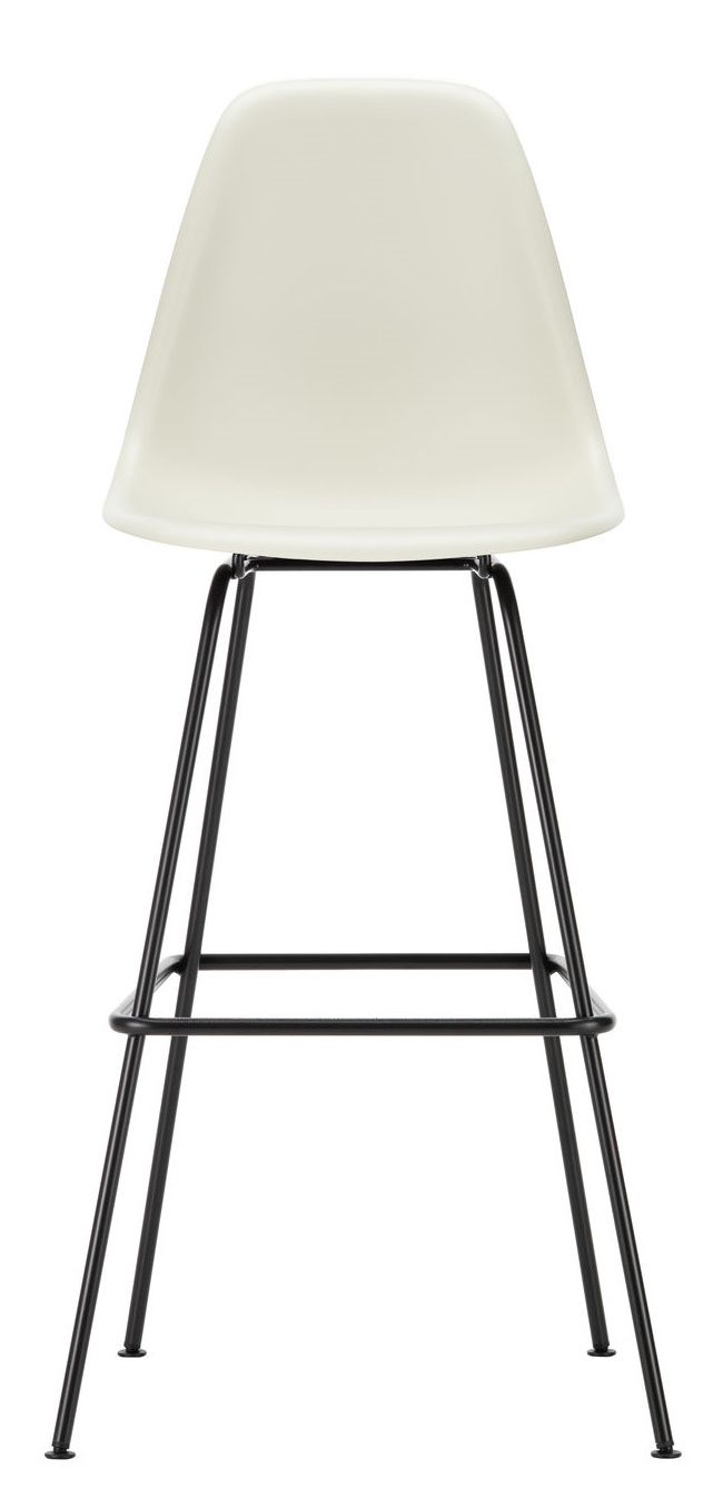 Vitra Eames Plastic Bar Stool High in Weiß mit schwarzem Metallgestell, Frontansicht.