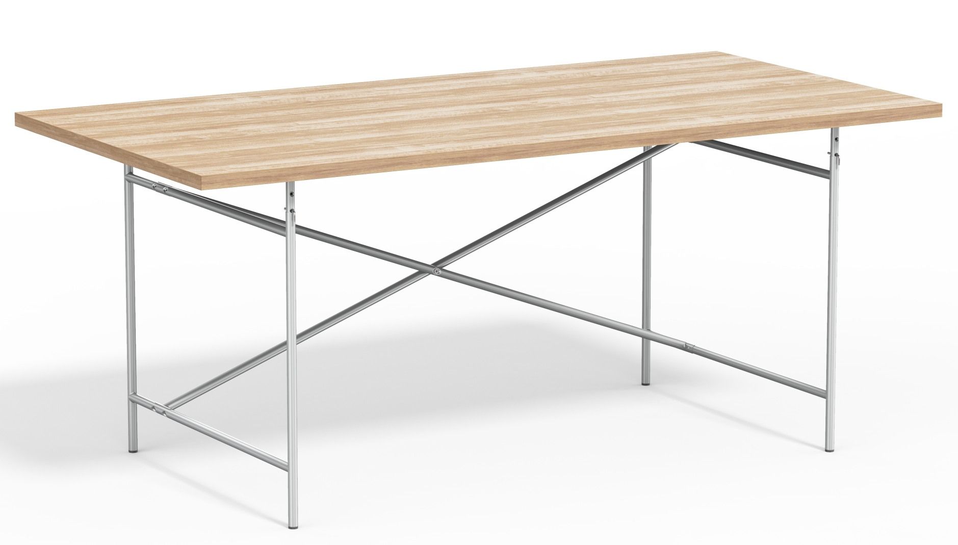 Eiermann Tisch mit heller Holzplatte und verchromtem Stahlgestell, Designklassiker für Büro und Wohnraum.