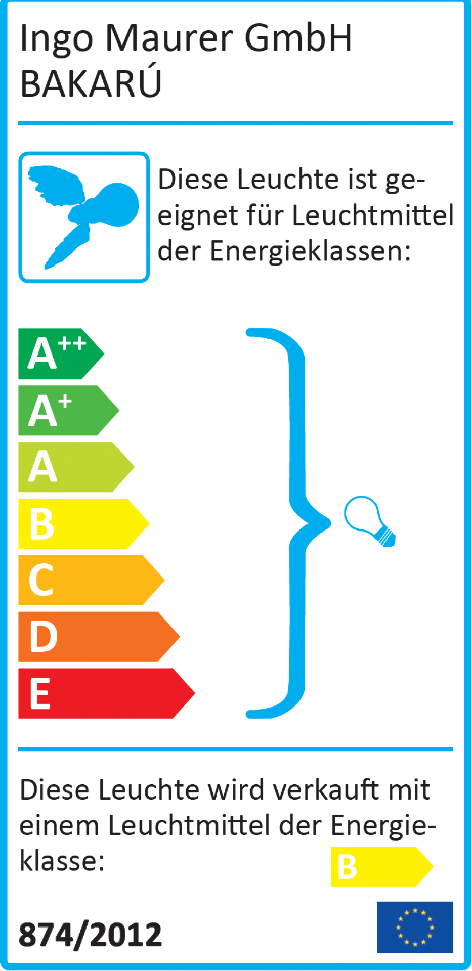 Energielabel der BAKARÚ Deckenleuchte von Ingo Maurer mit Energieeffizienzklasse B.
