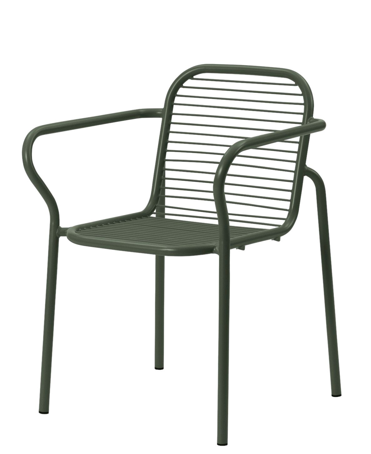 Normann Copenhagen Vig Armchair Armlehnstuhl für den Außenbereich, grüner Metallstuhl mit Armlehnen und Lattenmuster.