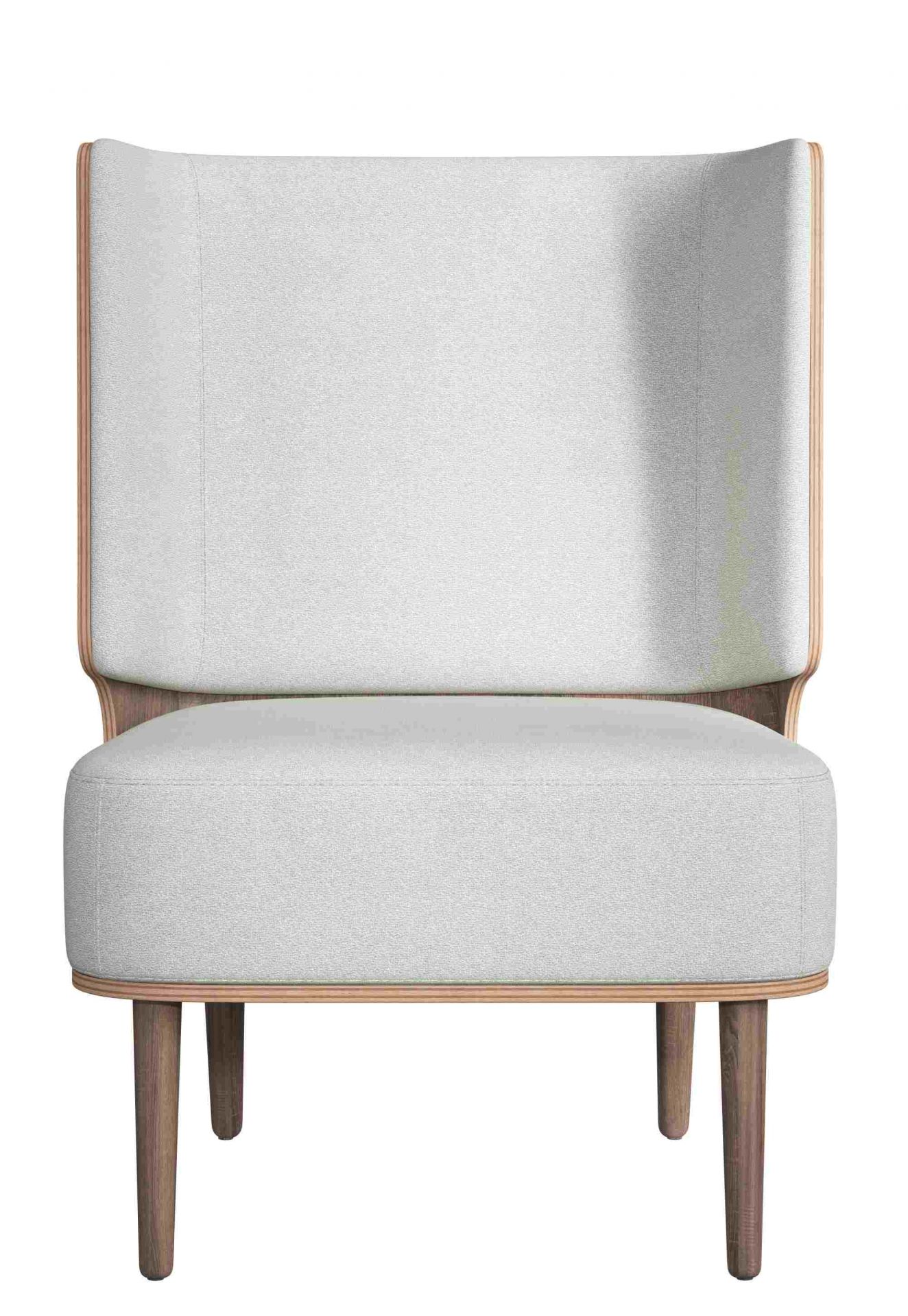 Serena Lounge Chair Sessel mit Eiche dunkel gebeizt und hellem Stoffbezug, Frontansicht.