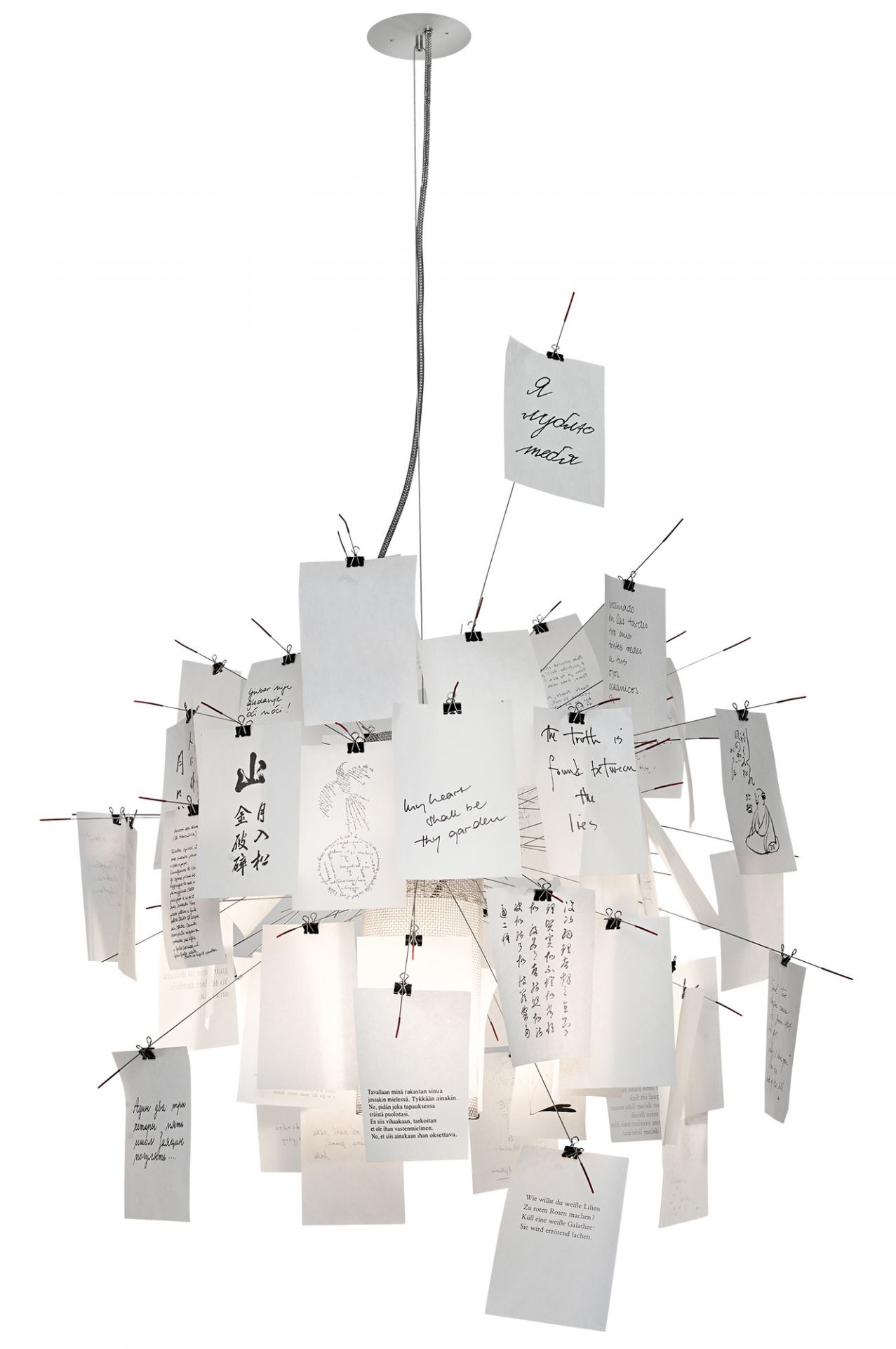 Detailaufnahme der Ingo Maurer Zettel'z 6 Hängeleuchte mit beschrifteten Zetteln, ideal als Designlampe und Pendelleuchte.