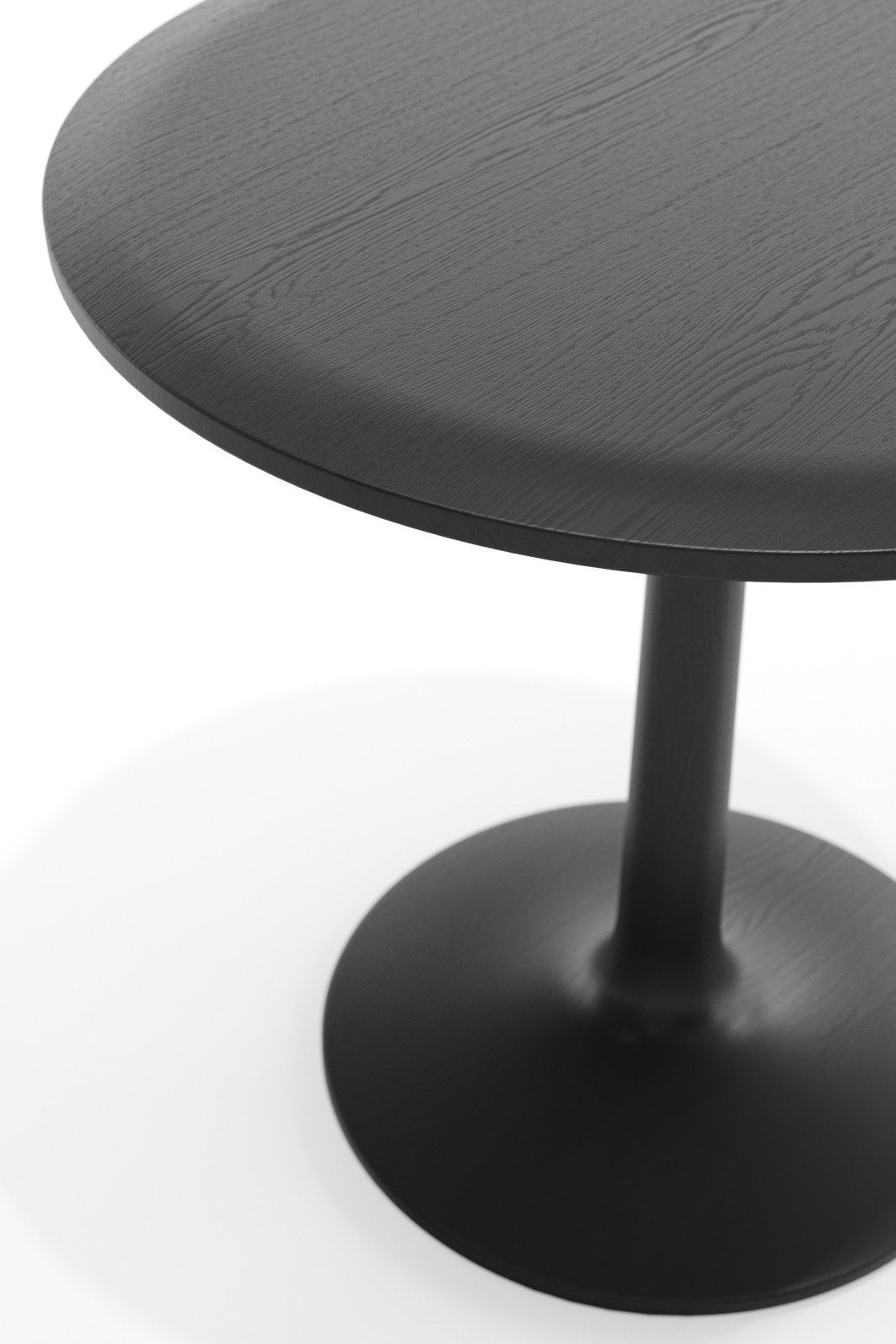 Schwarzer Turntable Beistelltisch Zeitraum, runder Couchtisch aus Holz mit zentralem Fuß, modernes Möbeldesign.