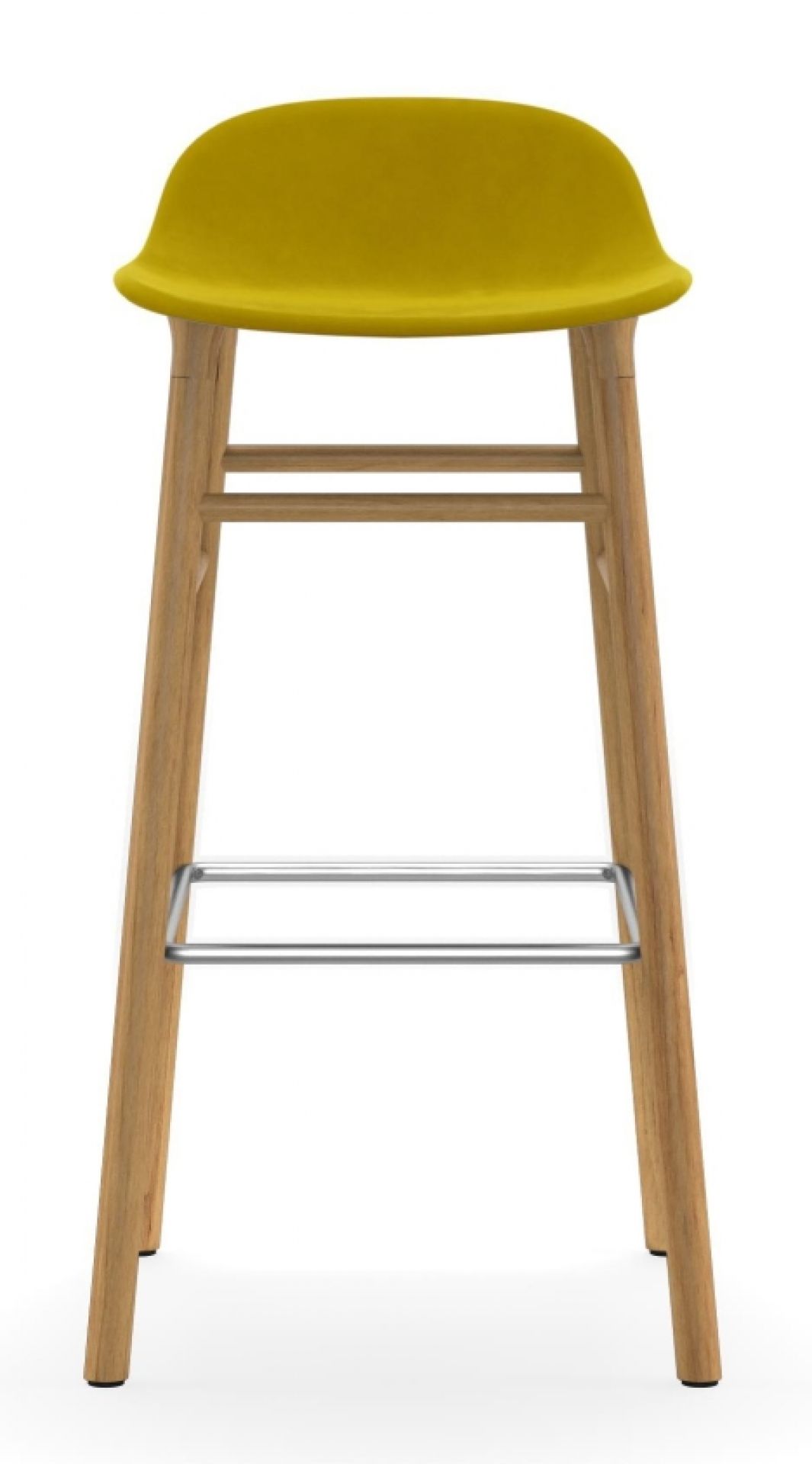 Gelber Form Barstool Barhocker von Normann Copenhagen mit Holzgestell und Fußstütze aus Metall.