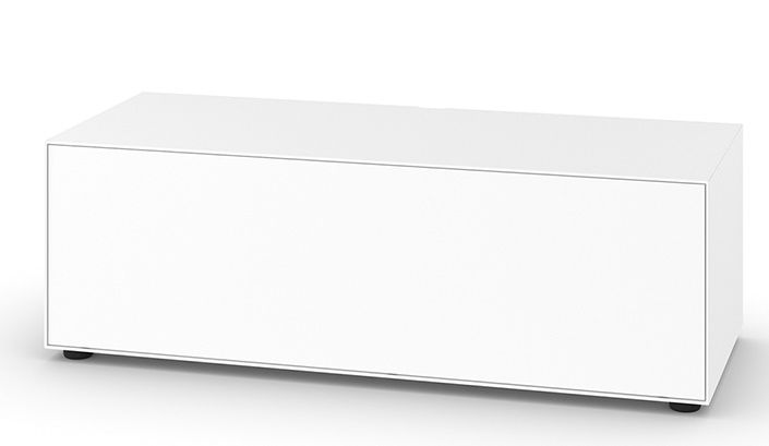 Weißes Nex Pur Box TV-Lowboard von Piure mit Medienklappe für modernes Wohnzimmer-Design.