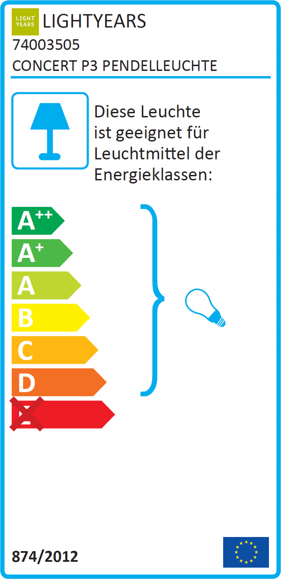 Energieeffizienzlabel der Concert P3 Pendelleuchte von Lightyears, geeignet für Leuchtmittel der Energieklassen A++ bis D.