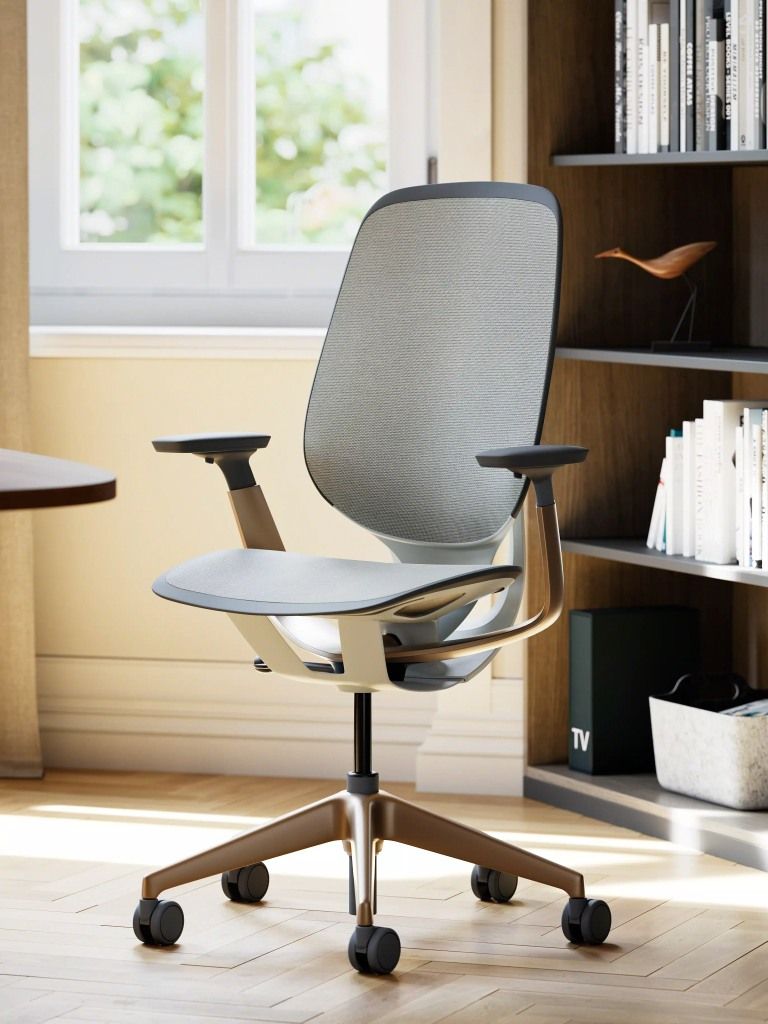 Karman Bürodrehstuhl von Steelcase, ergonomischer Schreibtischstuhl mit atmungsaktiver Rückenlehne und Rollen, modernes Design.