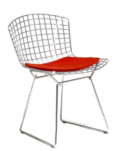 Bertoia Stuhl von Knoll International mit verchromtem Drahtgestell und rotem Sitzkissen. Designklassiker für Wohnen und Büro.