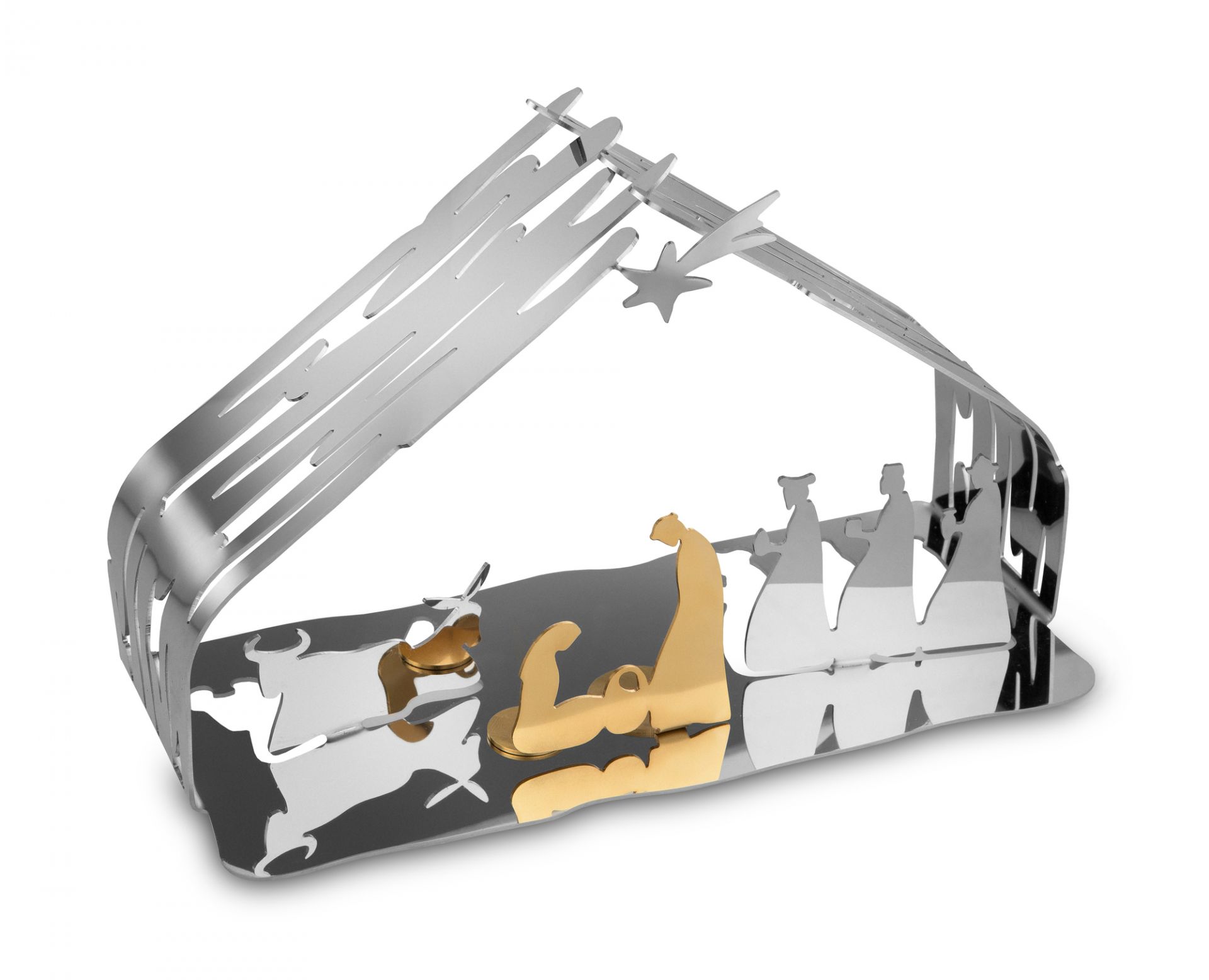 Alessi Weihnachtskrippe Bark aus Edelstahl und Gold, moderne Interpretation der Weihnachtsgeschichte.