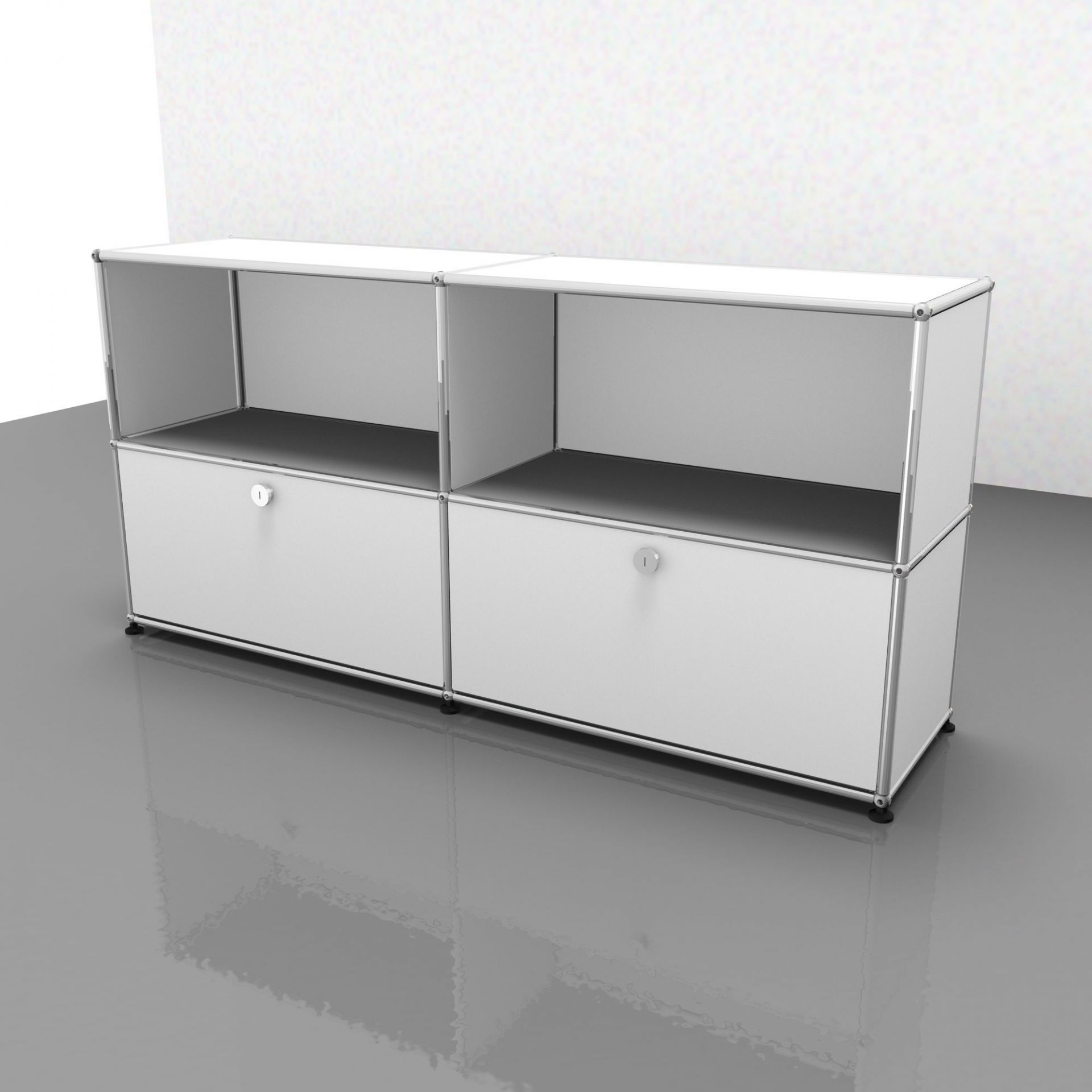 Weißes USM Haller Sideboard mit zwei Klappen und verchromtem Gestell vor weißem Hintergrund.