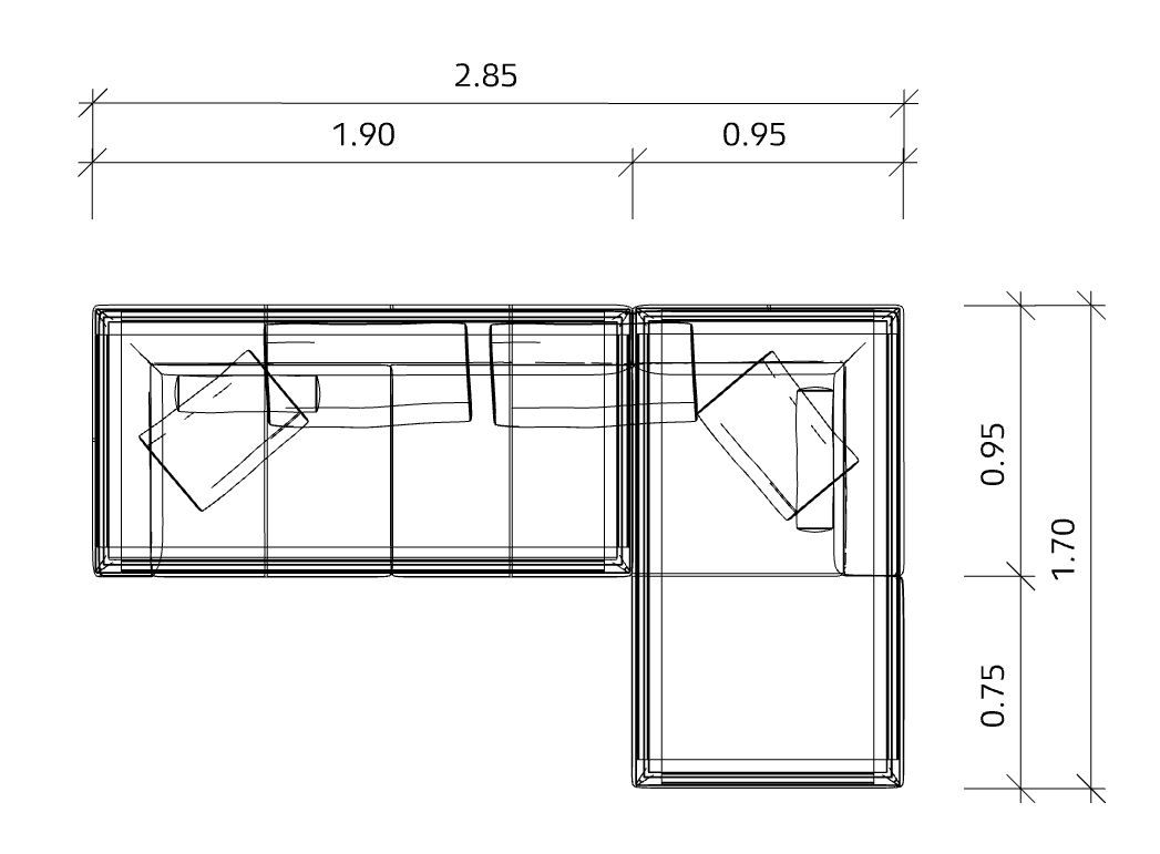 Grundrisszeichnung: Jaan Living 3 Sitzer Sofa mit Kissen und Rollen, Maße angegeben.