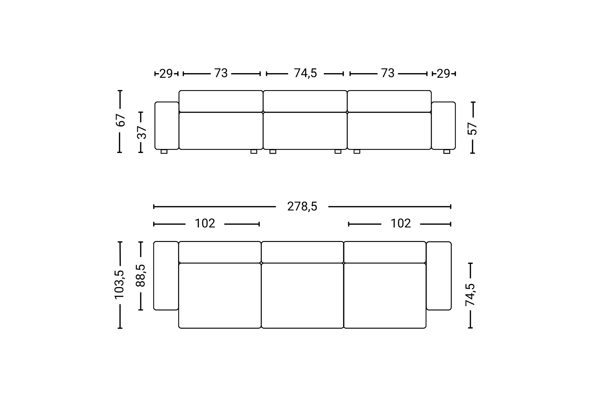 Grundrisszeichnung des Hay Mags Soft Sofa 3-Sitzer mit Maßangaben für E-Commerce Möbelkauf.