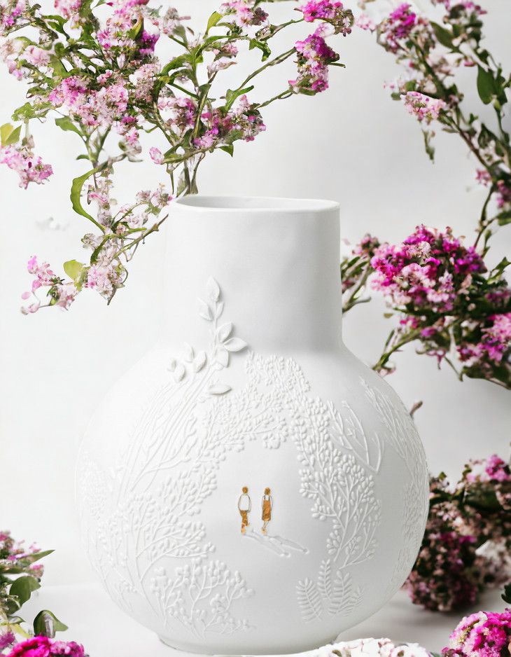 Weiße BG dankbar Vase "Parkspaziergang Räder" mit filigranem Relief und floraler Dekoration für stilvolle Blumengestecke.