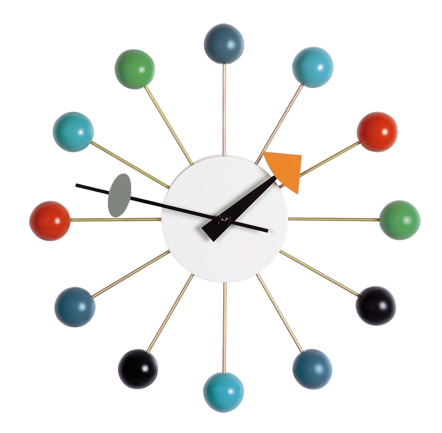Mehrfarbige Ball Clock Wanduhr von Vitra: Design-Wanduhr mit bunten Kugeln und goldenen Streben.