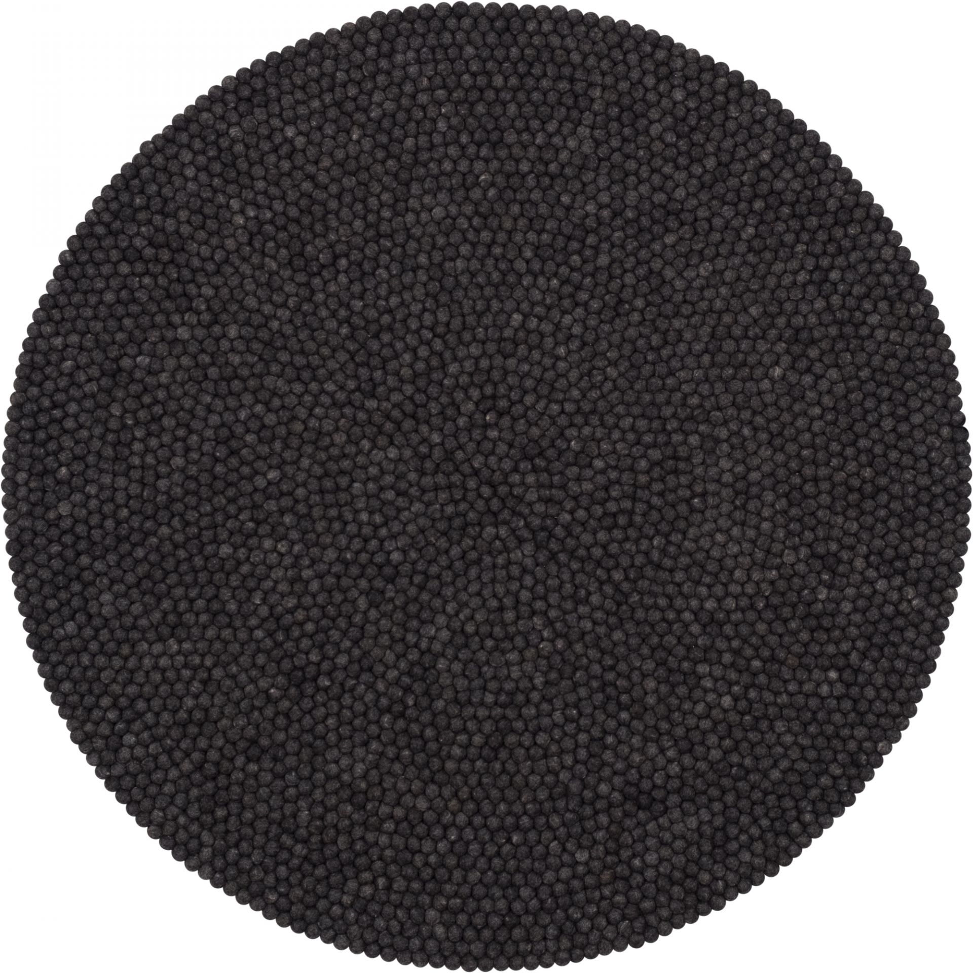 Runder, schwarzer Filzkugel Teppich (180 cm) von myfelt, gefertigt aus vielen kleinen Filzkugeln.