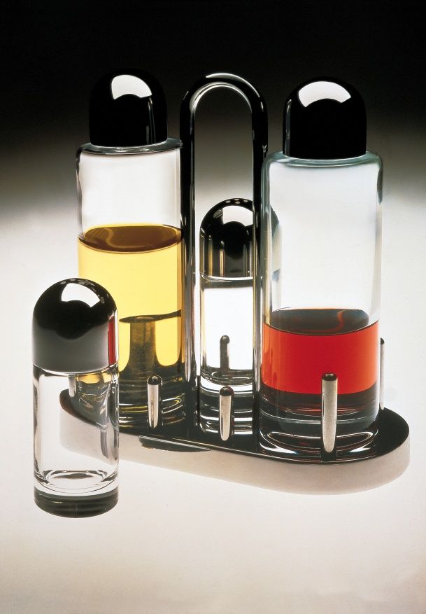 Alessi Menage 5070: Öl-, Essig-, Salz- und Pfefferset aus Glas und Edelstahl für Tischkultur und Küche.