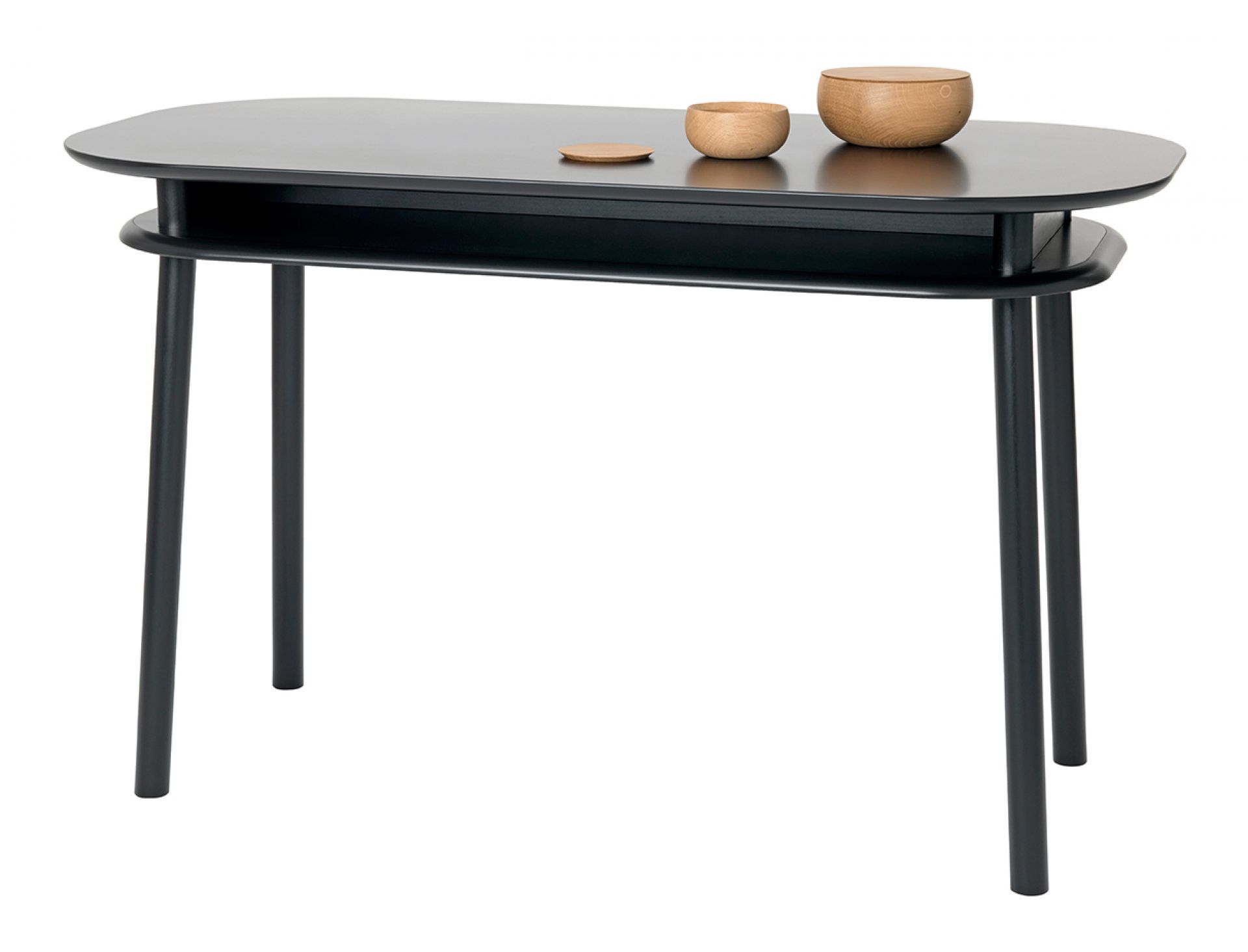 Schönbuch Schreibtisch Bureau in Schwarz, mit Ablage und Holzschalen, modernes Design für Büro und Zuhause.