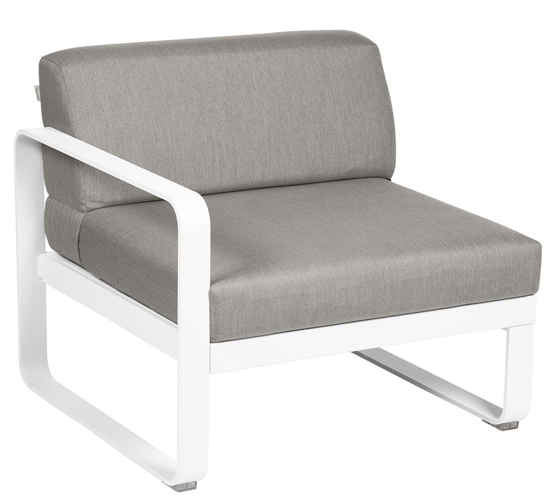 Bellevie Outdoor Sofa Modul links, 1-Sitzer mit grauem Stoffbezug und weißem Aluminiumgestell.