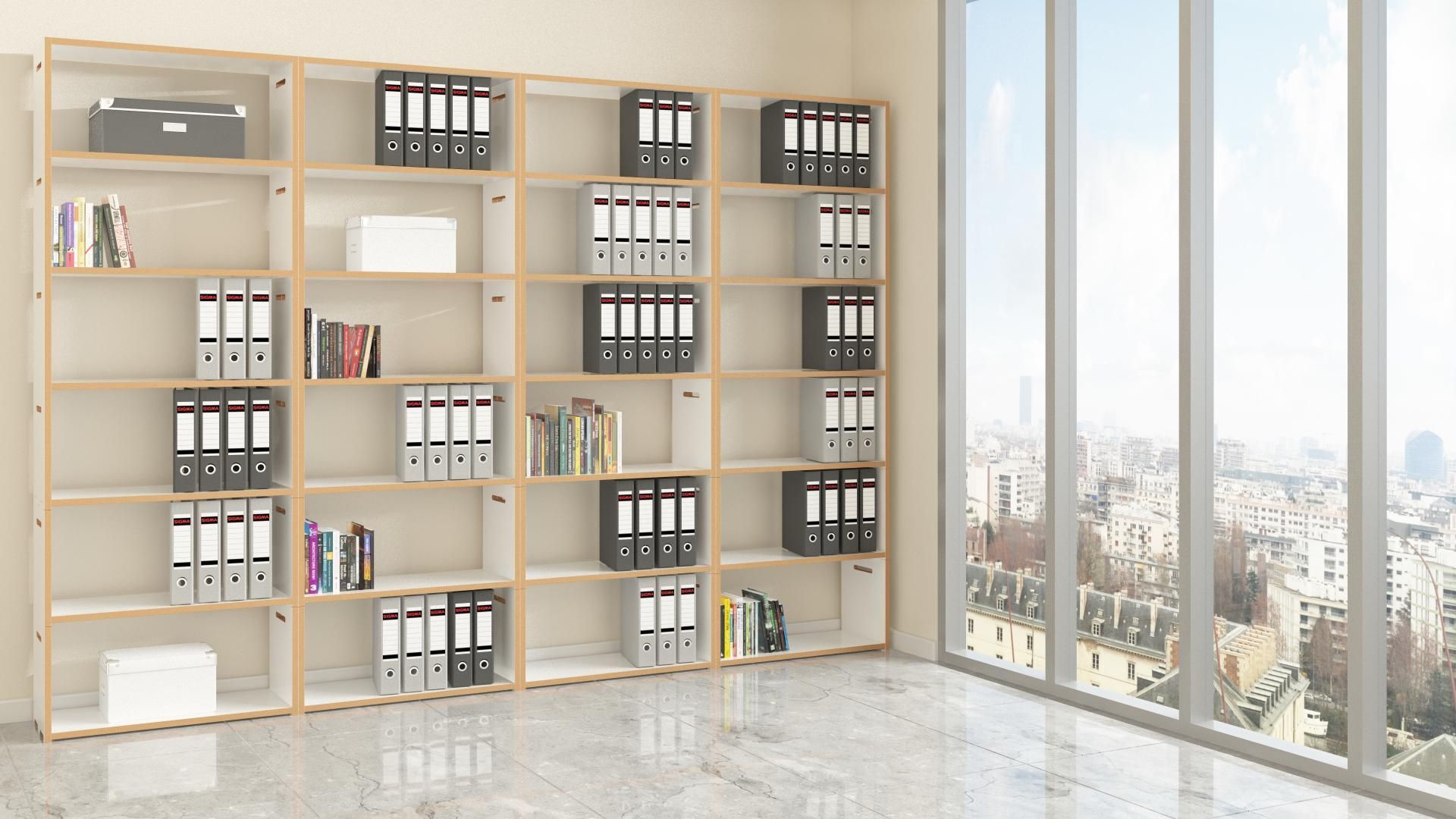 Tojo Regal Anbaumodul Hochstapler, ein großes, modernes Bücherregal mit Ordnern und Büchern vor einem Fenster.