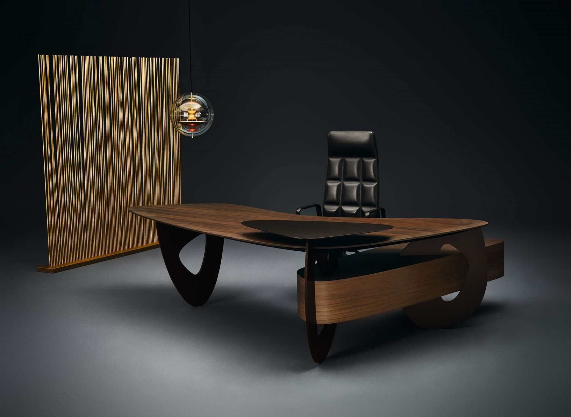 Walter Knoll Leadchair Executive Bürostuhl und moderner Schreibtisch mit Holzoberfläche und schwarzem Lederstuhl.