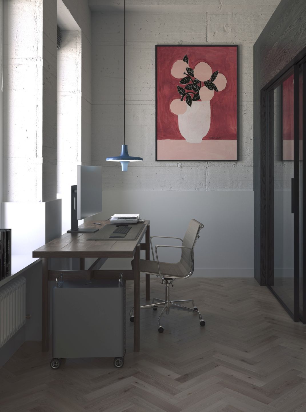 Büro mit Avro Hängeleuchte von Martinelli Luce in Blau über dem Schreibtisch.