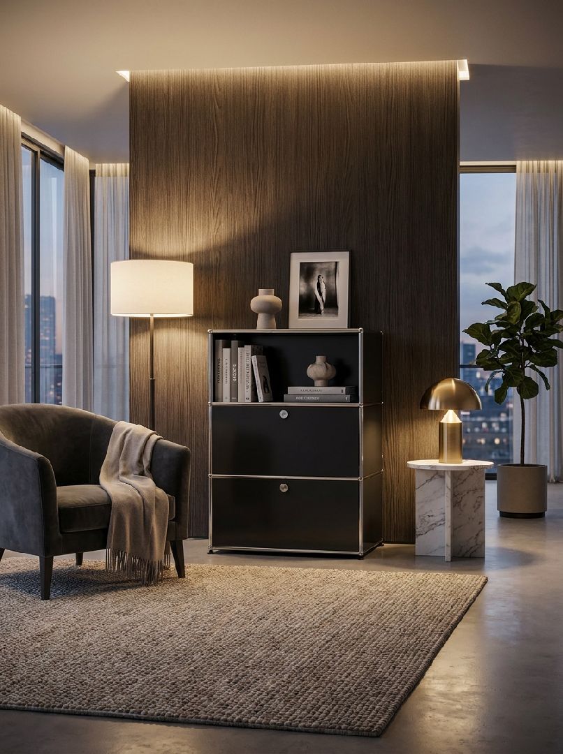 USM Haller hoogkast met 2 kleppen en 1 open vak – grafietzwart