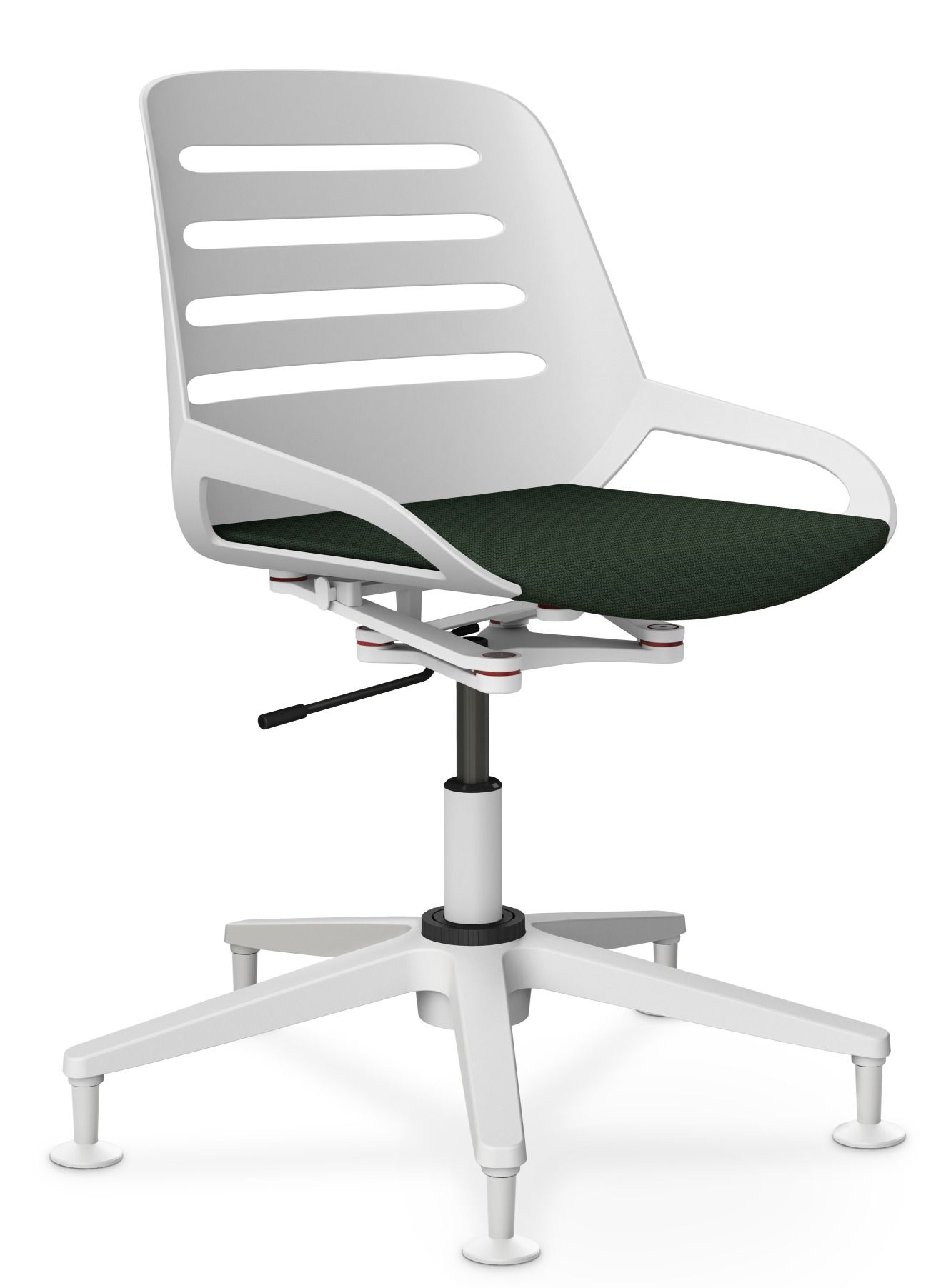 Numo Task Bürodrehstuhl von Aeris mit weißem Gestell, grüner Sitzfläche und Gleitern. Ergonomischer Bürostuhl für gesundes Sitzen.