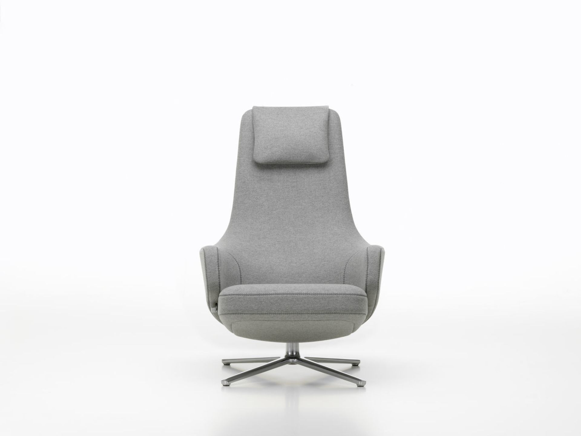 Vitra Repos Sessel in Grau mit hoher Rückenlehne und Drehfuß aus Aluminium.