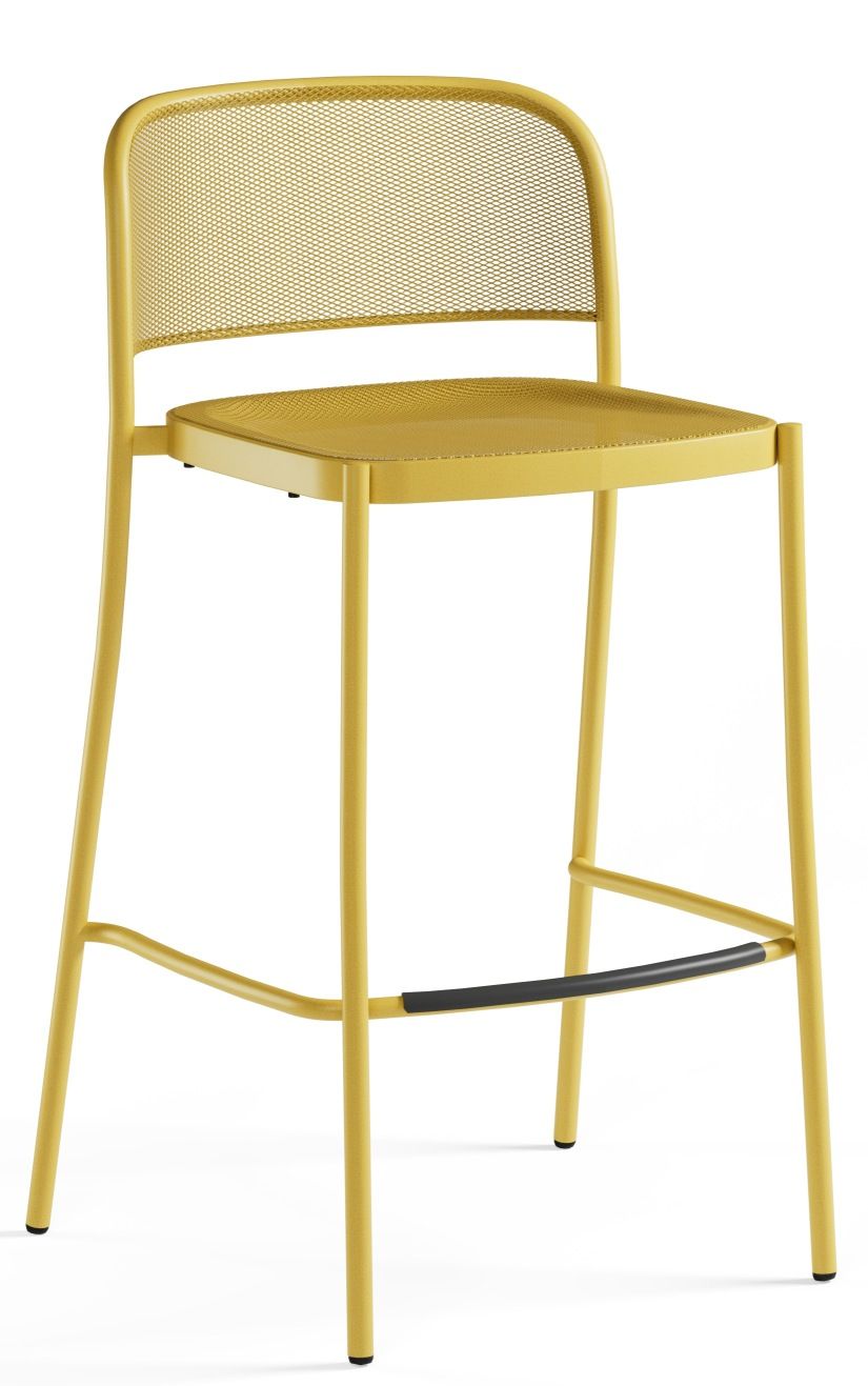 Café Barstool Barhocker von Emu für den Außenbereich, gelbes Metallgestell mit Fußstütze und Rückenlehne.