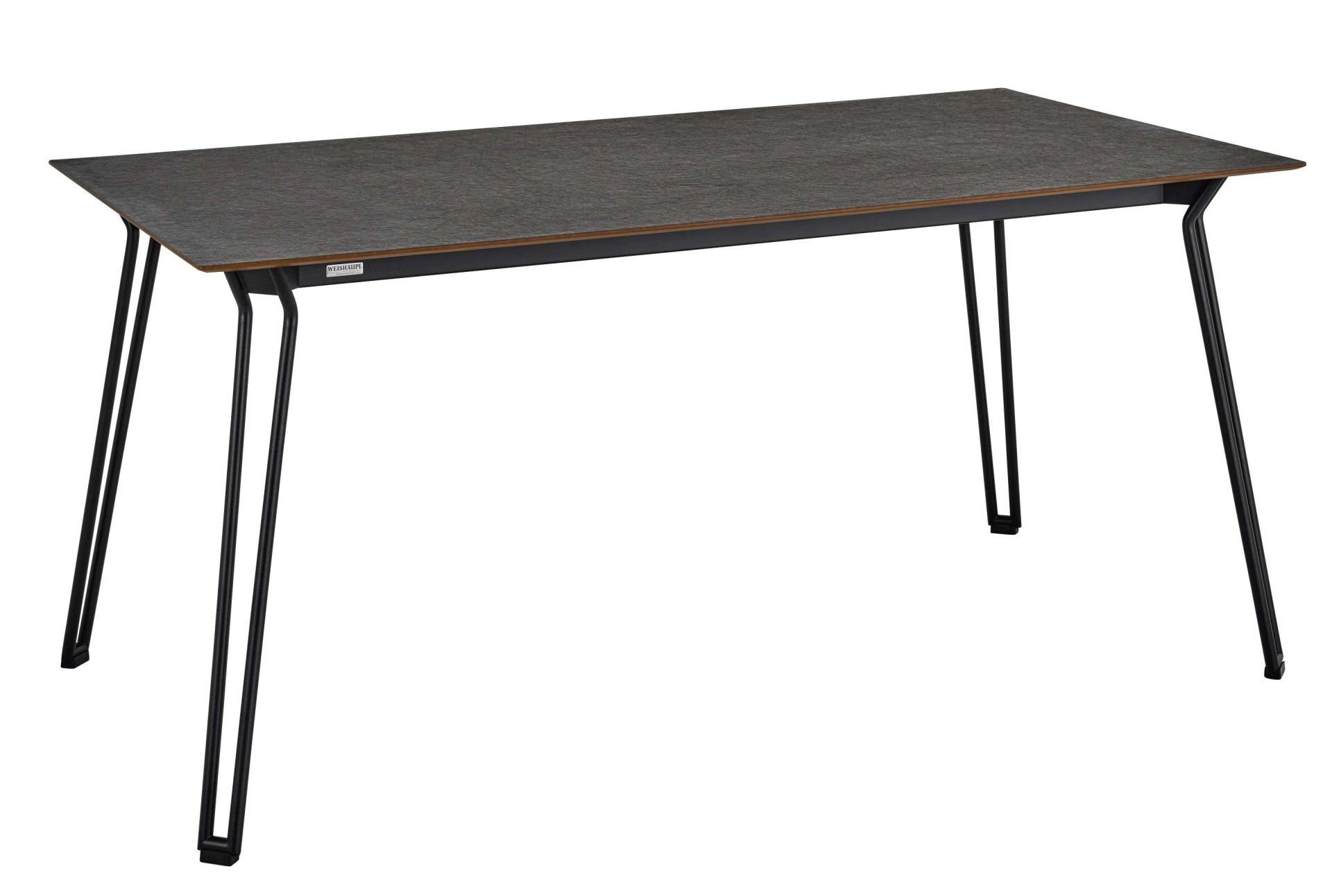 Weishäupl Slope Tisch, Esstisch für den Außenbereich mit dunkler Tischplatte und filigranem, schwarzen Metallgestell.