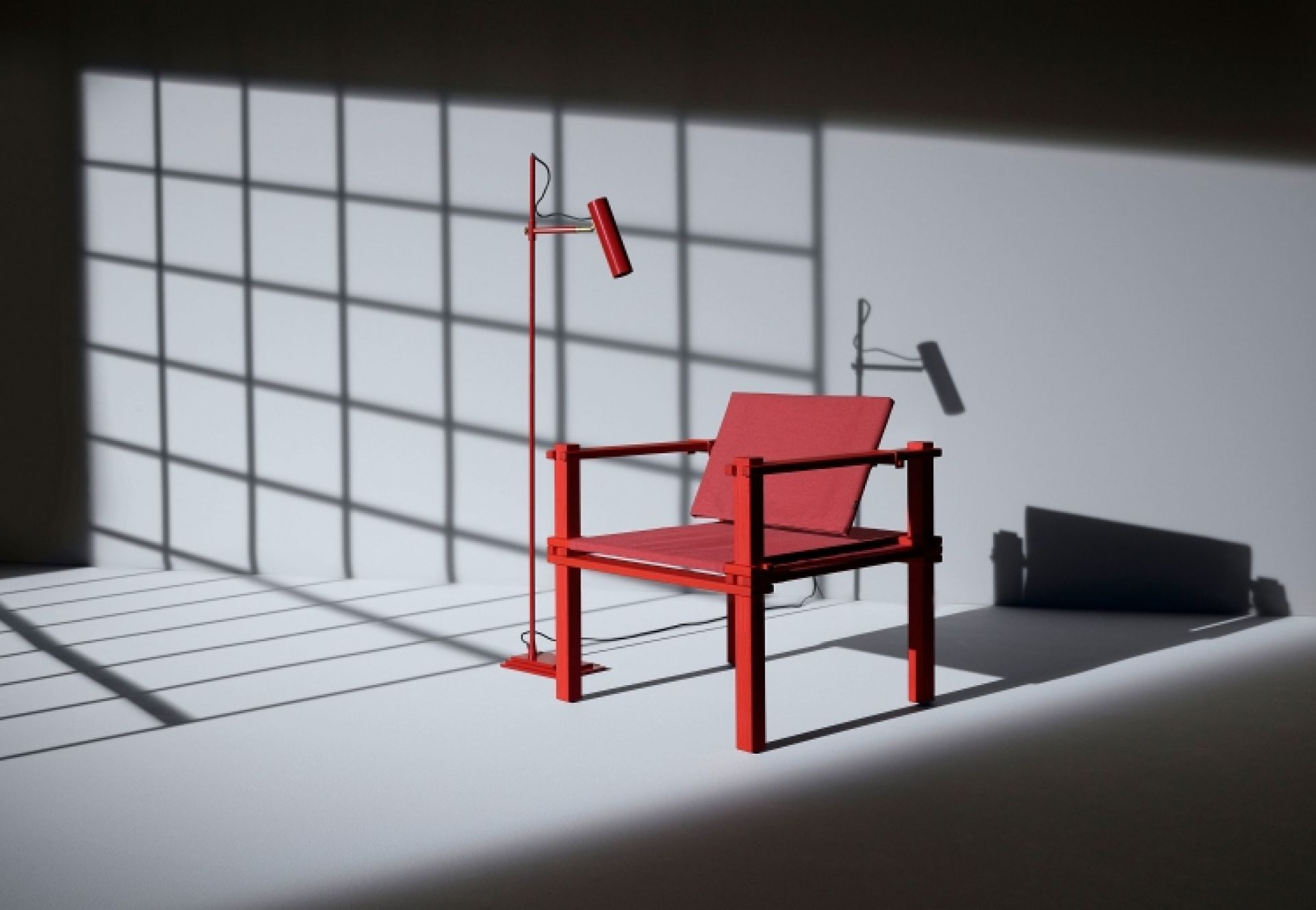 Roter Farmer Sessel Outdoor Cor mit Lampe vor einer Wand mit Fenster-Schattenmuster.