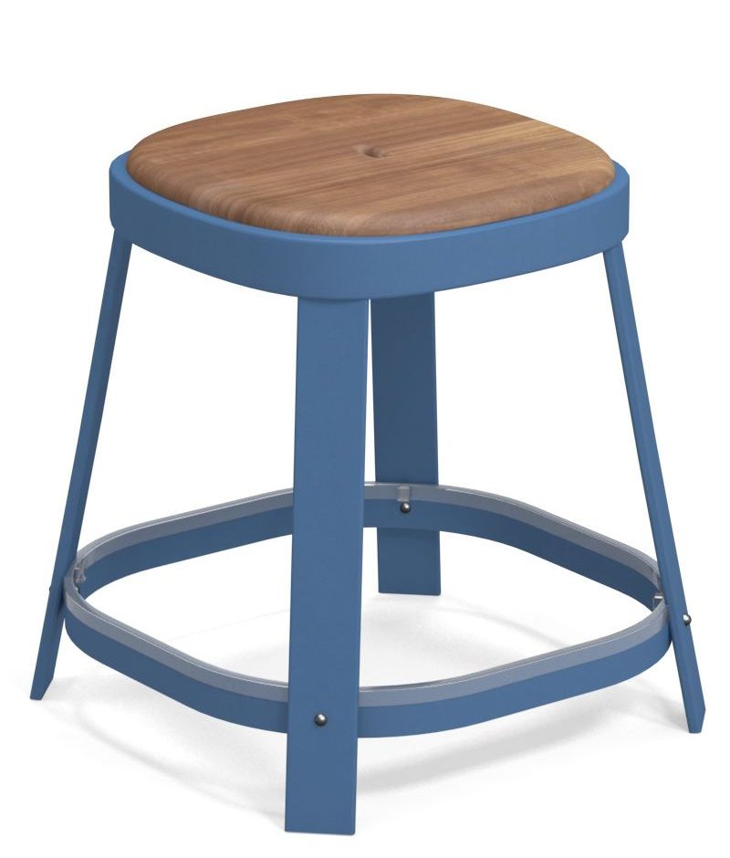 Thor Dining Stool: Blauer, niedriger Barhocker von Emu für den Außenbereich mit Holz-Sitzfläche.